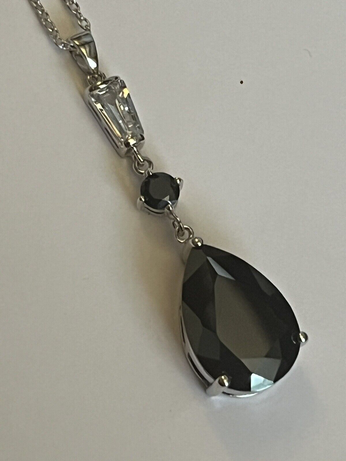 Vintage 1980s Rhodium Plated Black Clear Crystal Teardrop Necklace New Old Stock