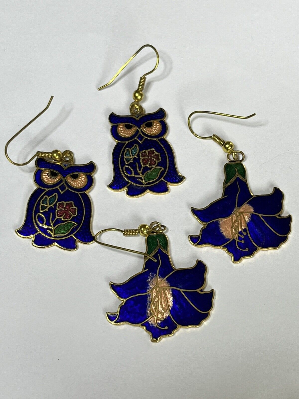 Vintage Enamel Owl And Flowers Drop Earrings Set Of Two