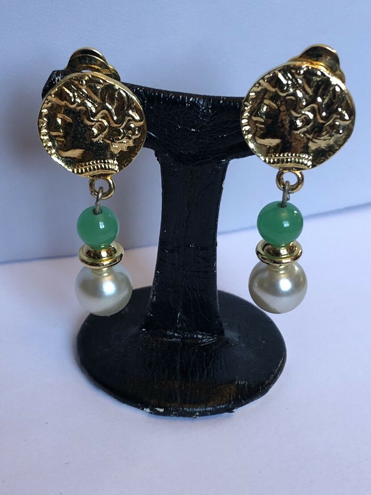 Vintage Gold Tone Green Stone Faux Pearl Etruscan Drop Earrings