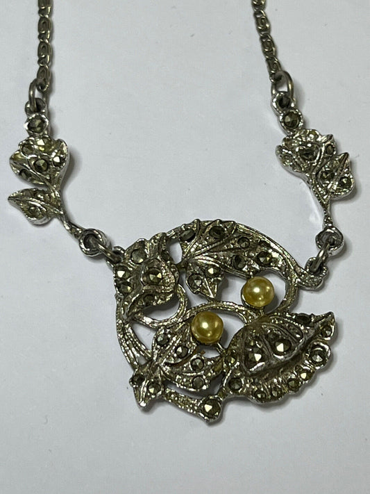 Vintage Marcasite Faux Pearl Flowers Necklace