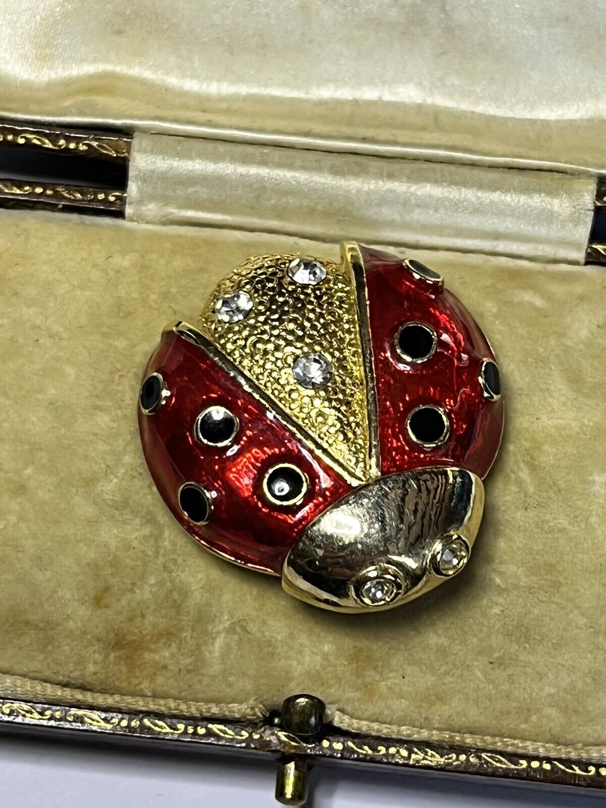 Vintage Signed Gold Tone Red Enamel Diamanté  Ladybird Lady Bug Brooch