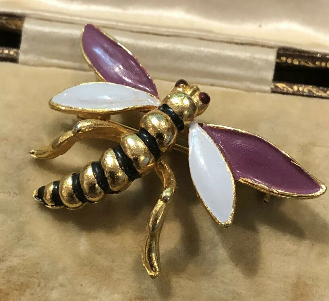 Vintage Dragonfly Gold Tone Enamel Brooch