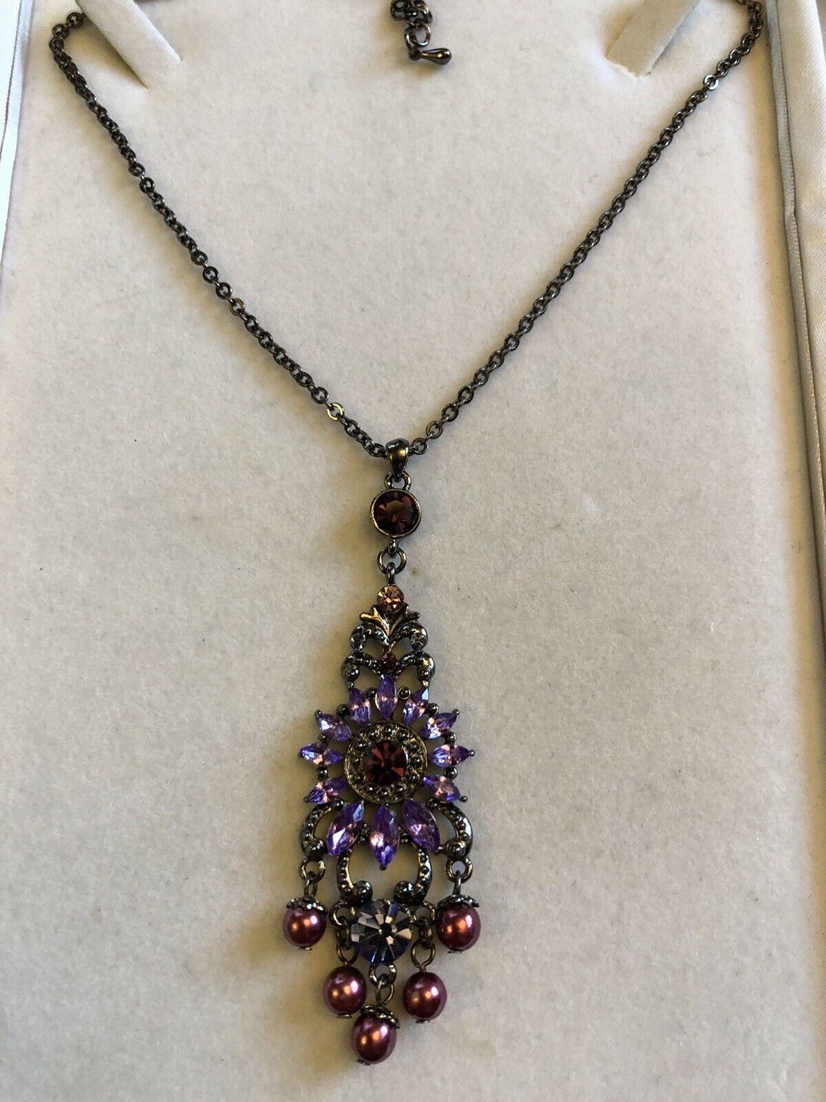 Vintage Purple Diamanté Faux Pearl Drop Necklace