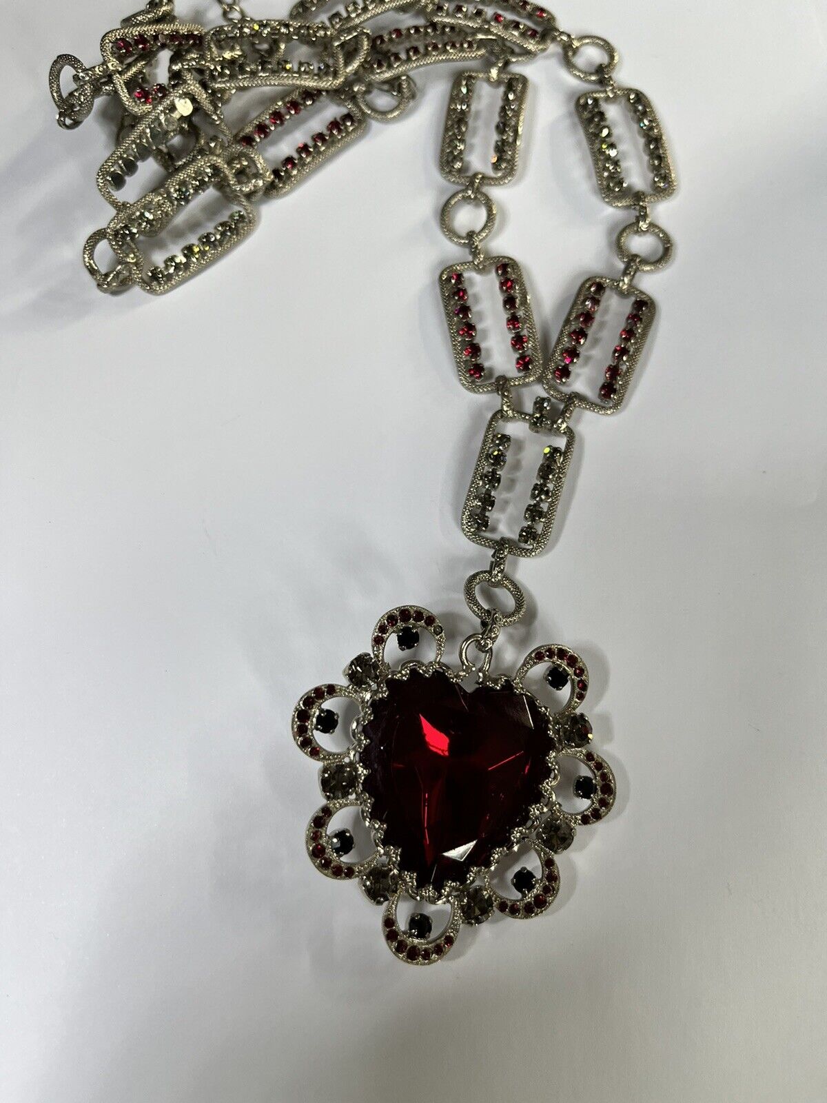 Vintage Statement Runway Red Clear Diamanté Heart On Chain Necklace