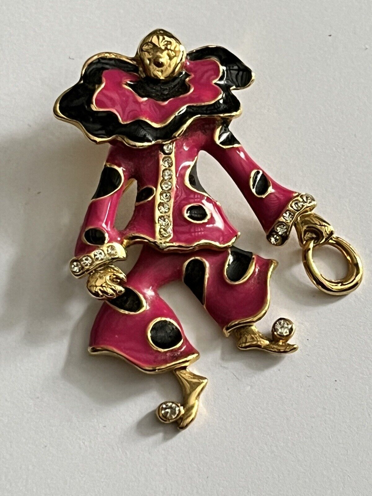 Vintage Gold Tone Pink Enamel Diamante Articulated Clown