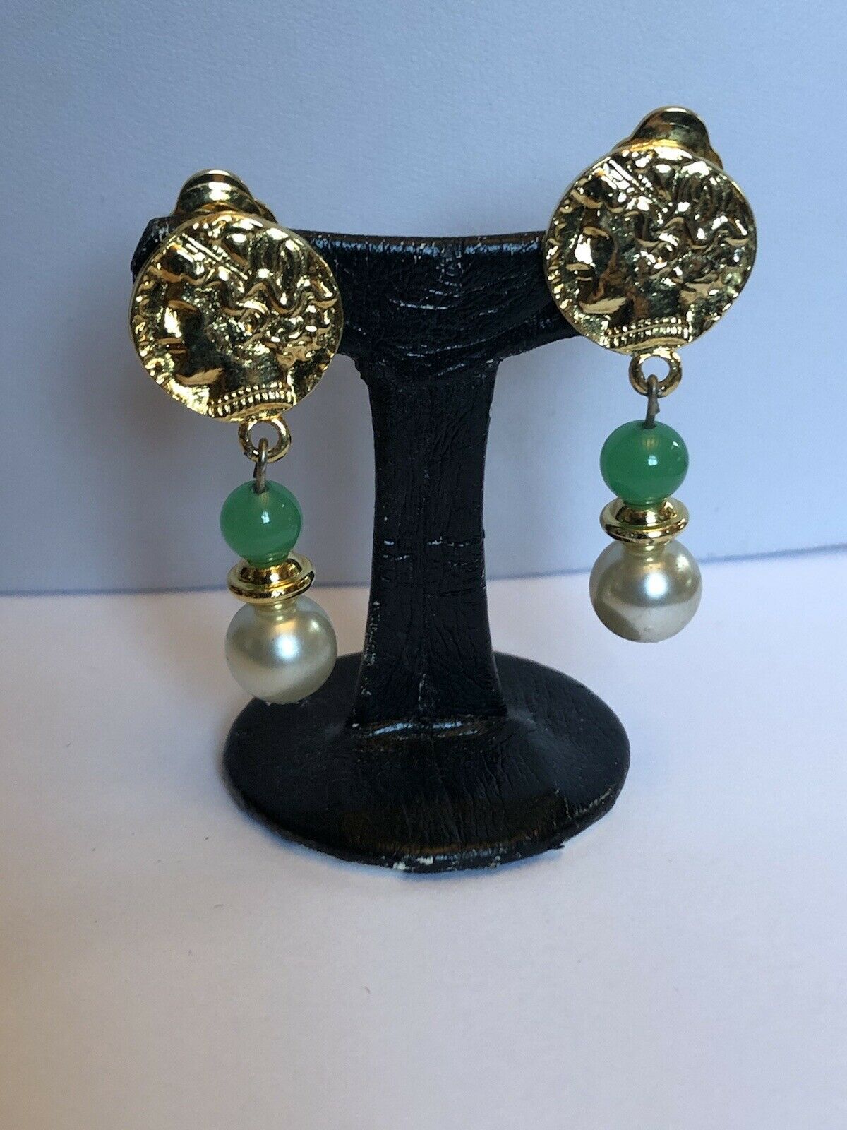 Vintage Gold Tone Green Stone Faux Pearl Etruscan Drop Earrings