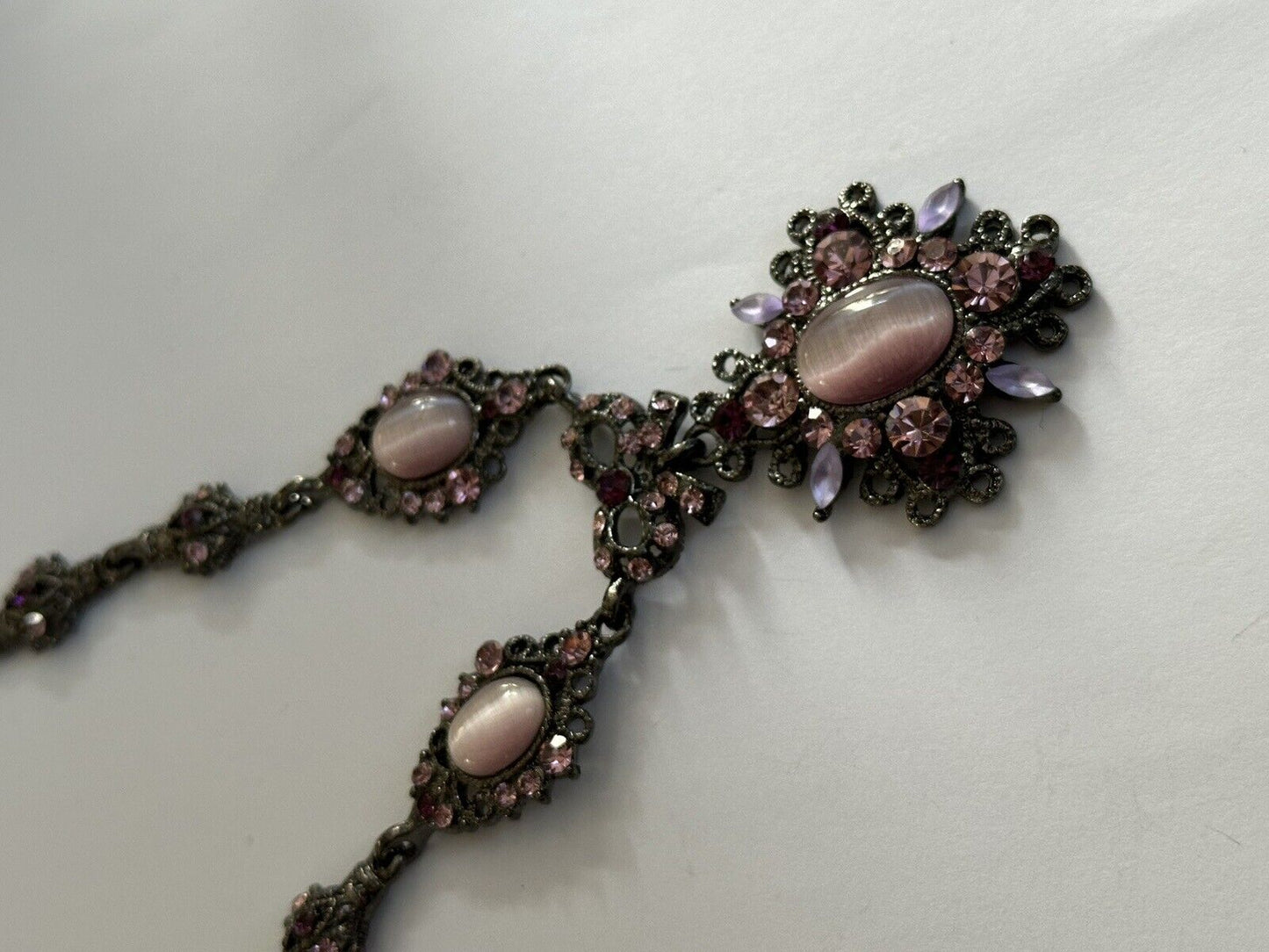 Vintage Pink Purple Satin Bead Diamanté Necklace