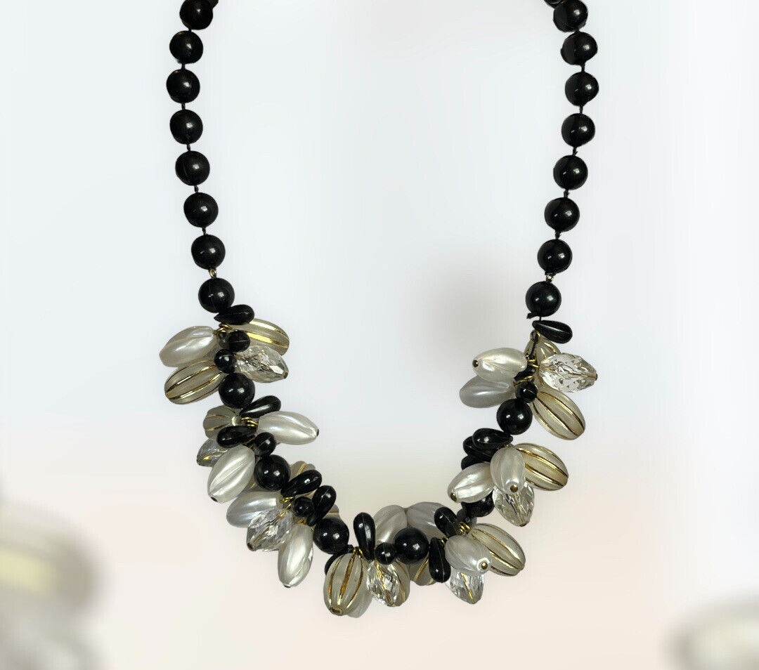 Vintage 1980s Clear Black Gold Beaded Necklace