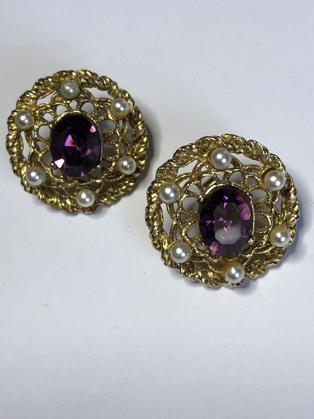 Vintage Anne Klein Purple Diamanté Faux Pearl Clip On Earrings