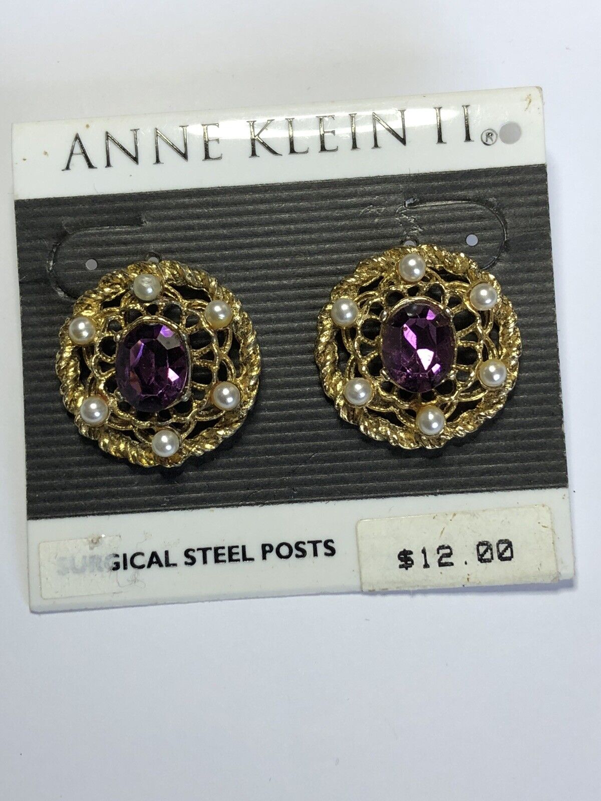 Vintage Anne Klein Purple Diamanté Faux Pearl Clip On Earrings