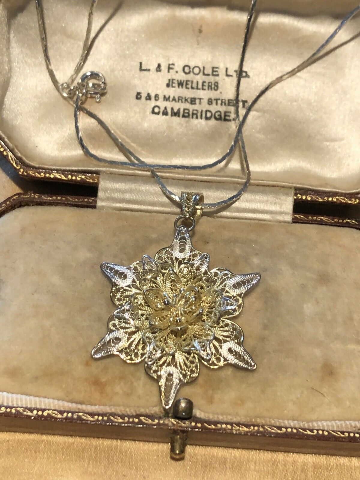 Vintage Silver Filigree With Gold Wash Flower Pendant Necklace