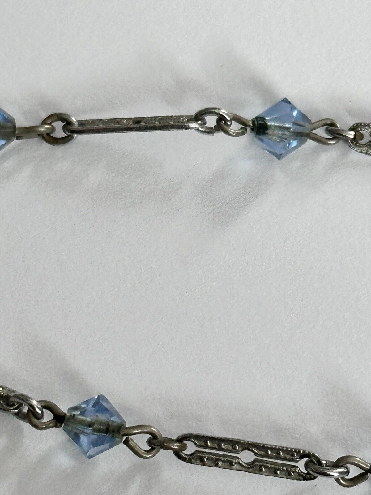 Vintage Deco Etched Silver Tone Blue Glass Bead Necklace