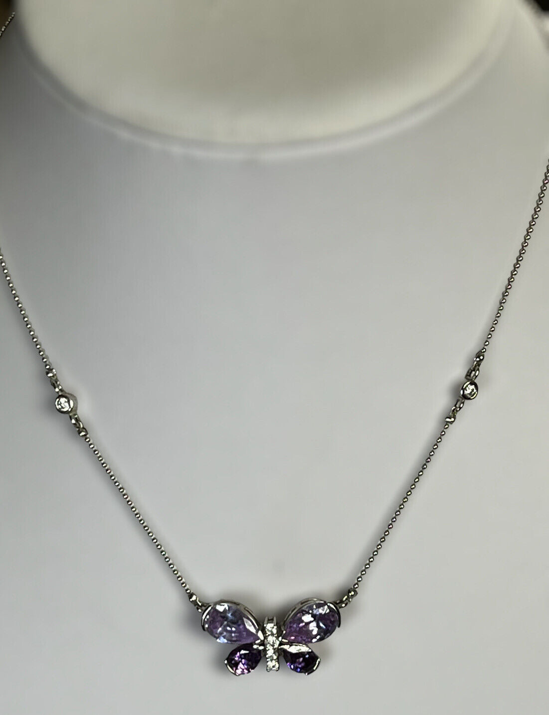 Vintage Rhodium Plated Purple Crystal Diamanté Butterfly Necklace