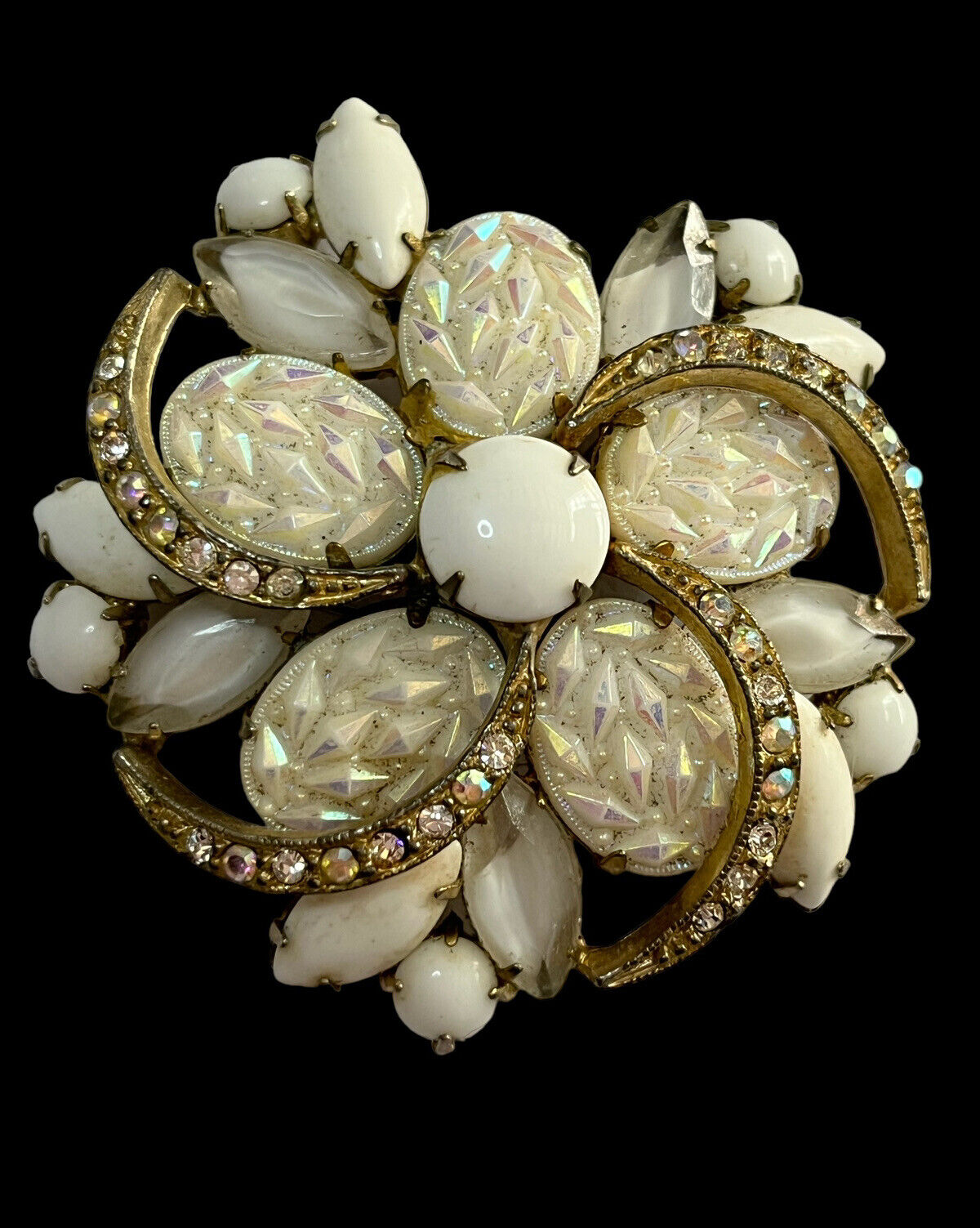 Vintage Statement White Aurora Borealis Milk Stone Swirl Brooch