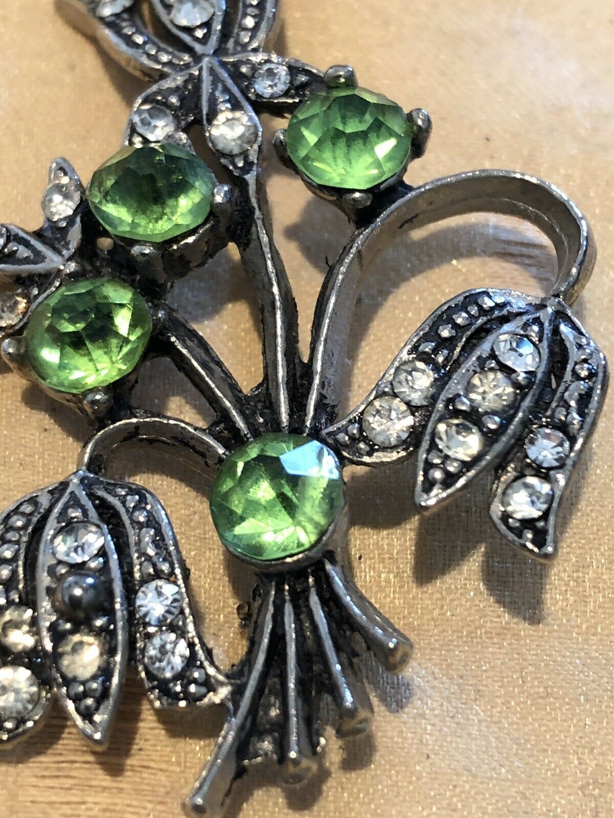 Vintage Silver Tone Green Clear Paste Flower Brooch