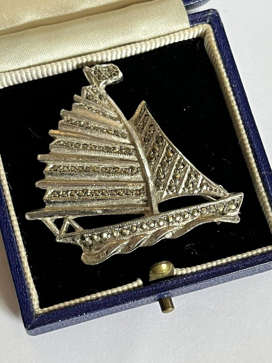 Vintage Silver Tone Marcasite Yacht Boat Brooch