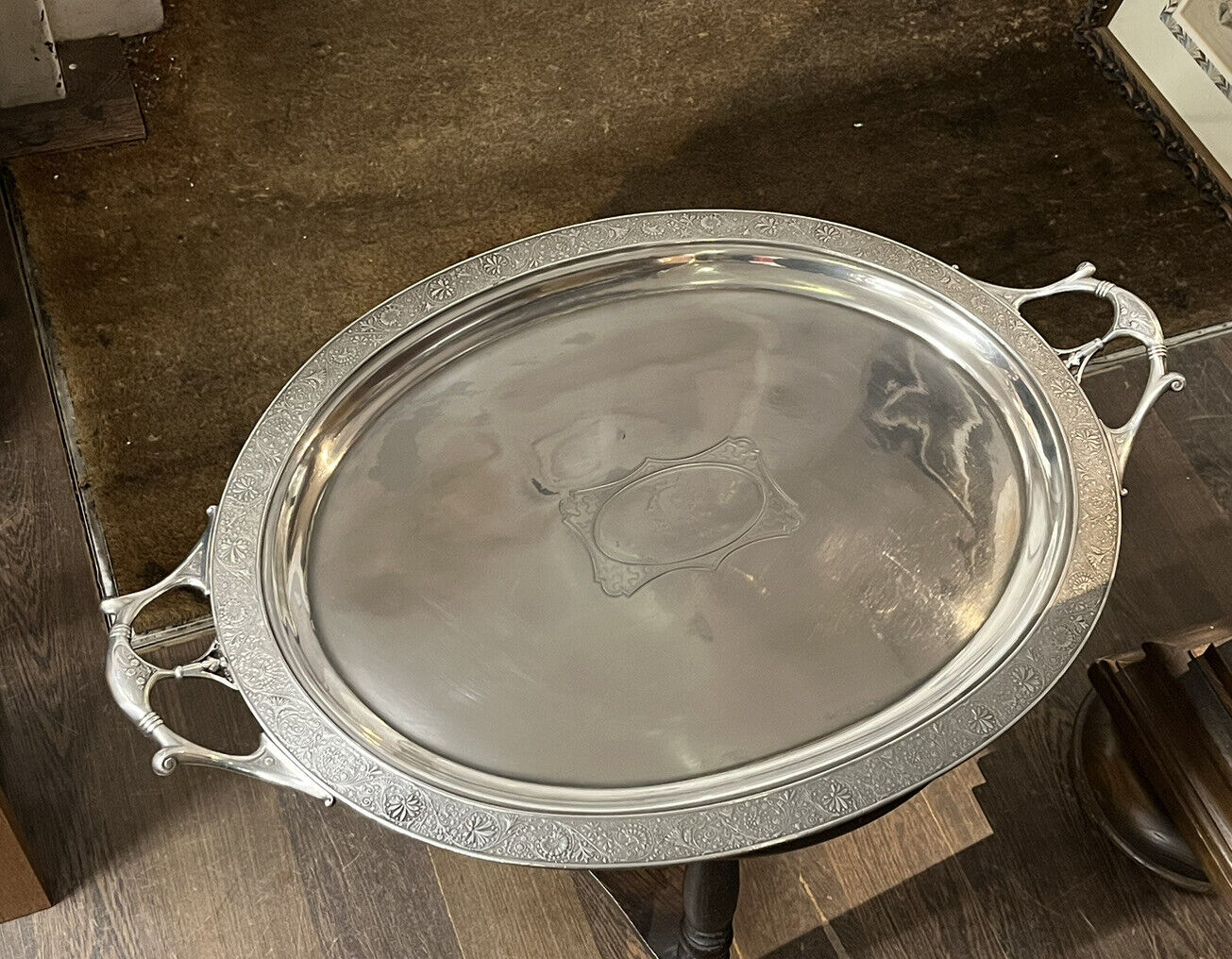 Huge English Art Noveau Butlers Silver Plate Tray With Fine Engraved Detail.