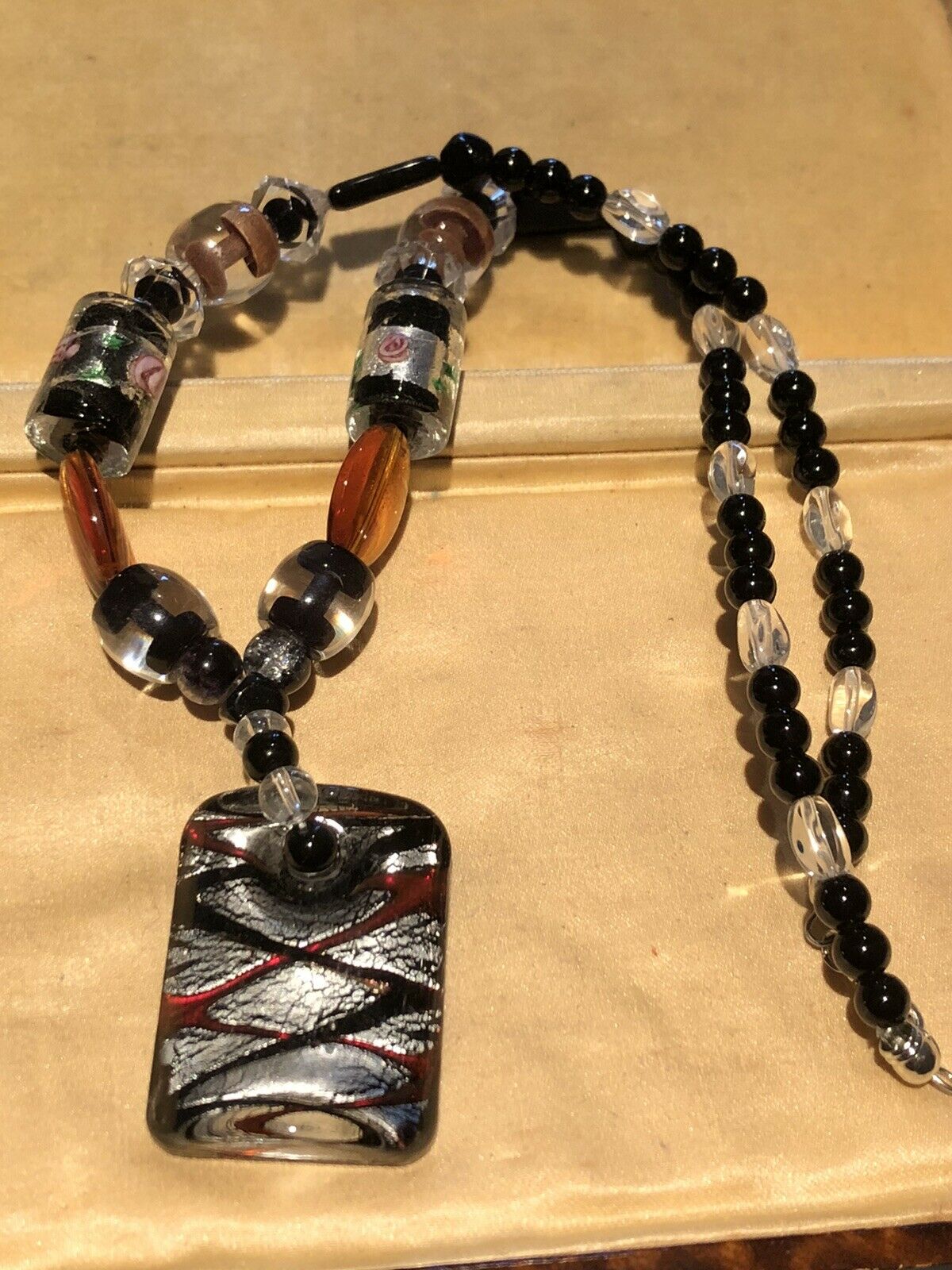 Vintage 1980s Glass Silver Black Statement Beaded Necklace