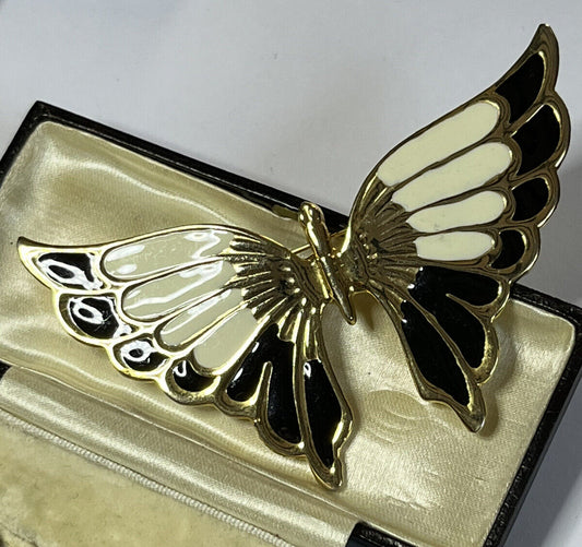 Vintage Gold Tone Enamel Black Cream Large Butterfly Brooch