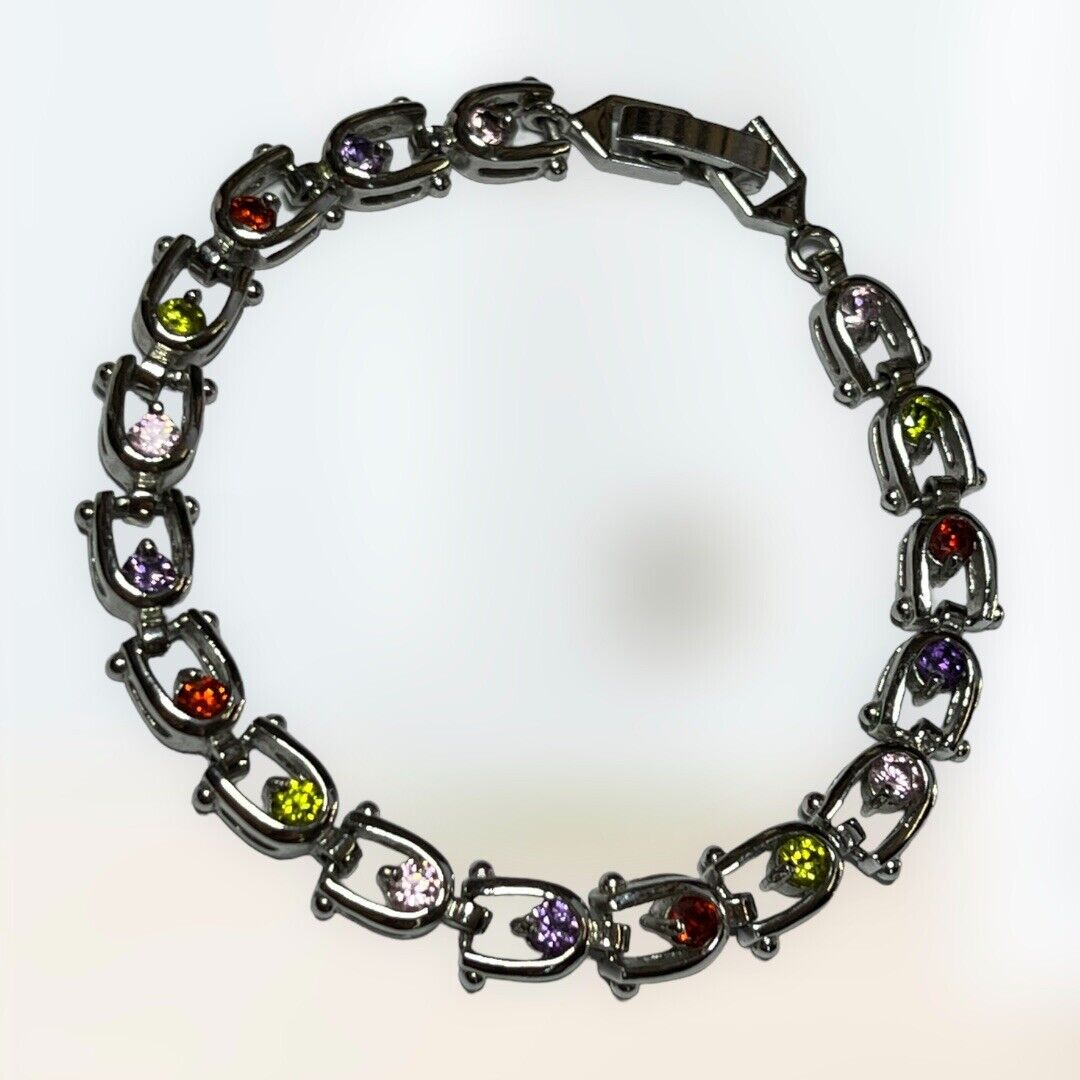 Vintage Silver Tone Multicoloured Diamanté Adjustable Tennis Bracelet