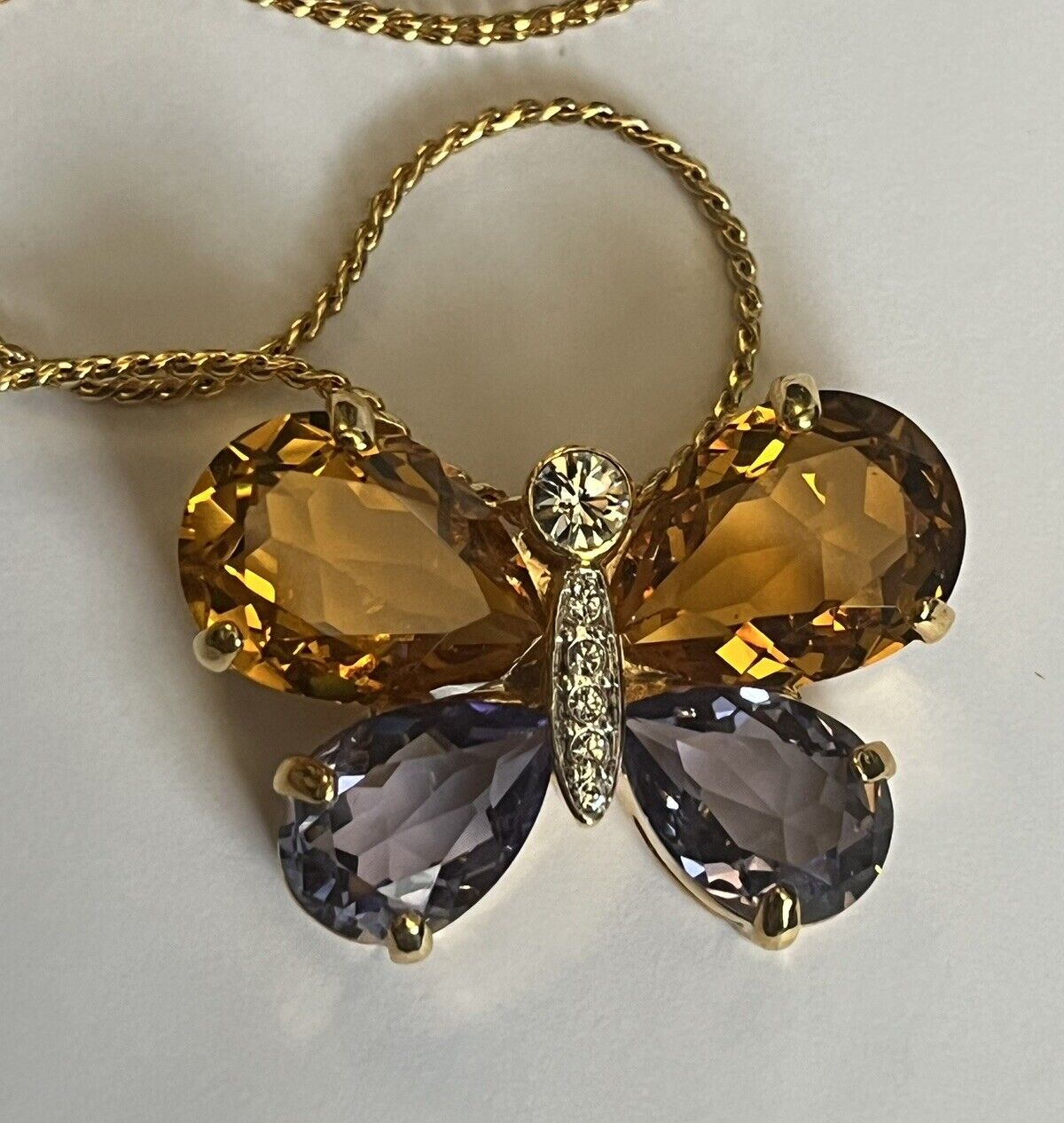 Vintage 1980s Gold Plated Crystal Butterfly Necklace New Old Stock