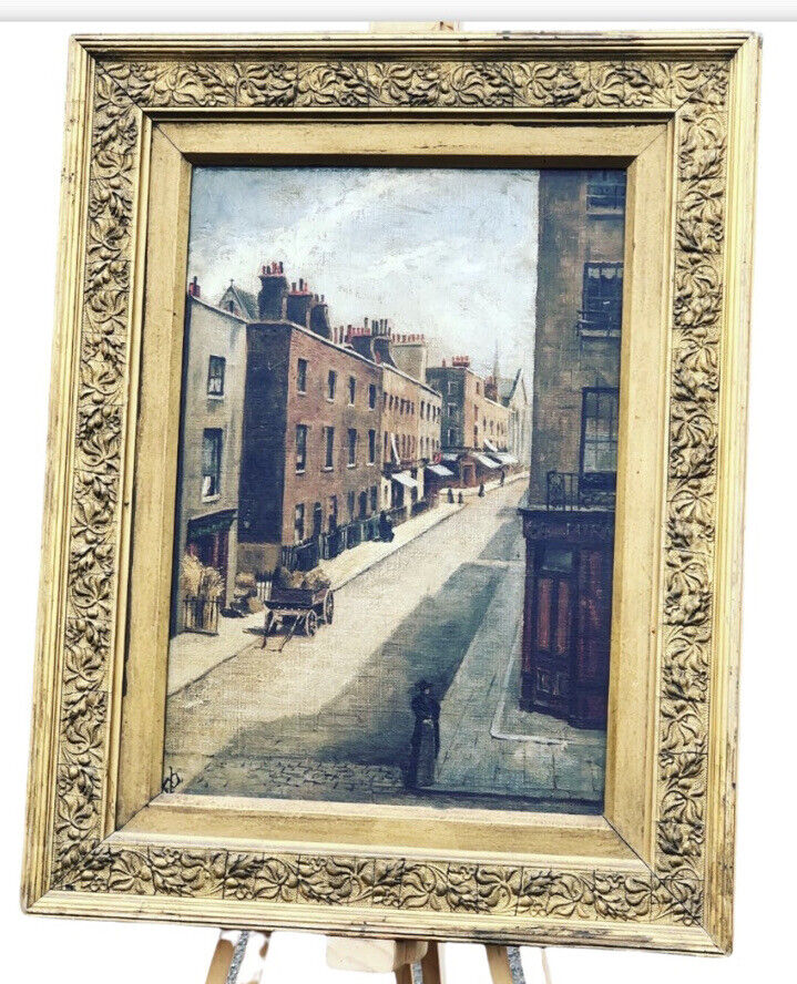 Victorian English Street Scene, Oil on board, Signed, In Gilt Frame.