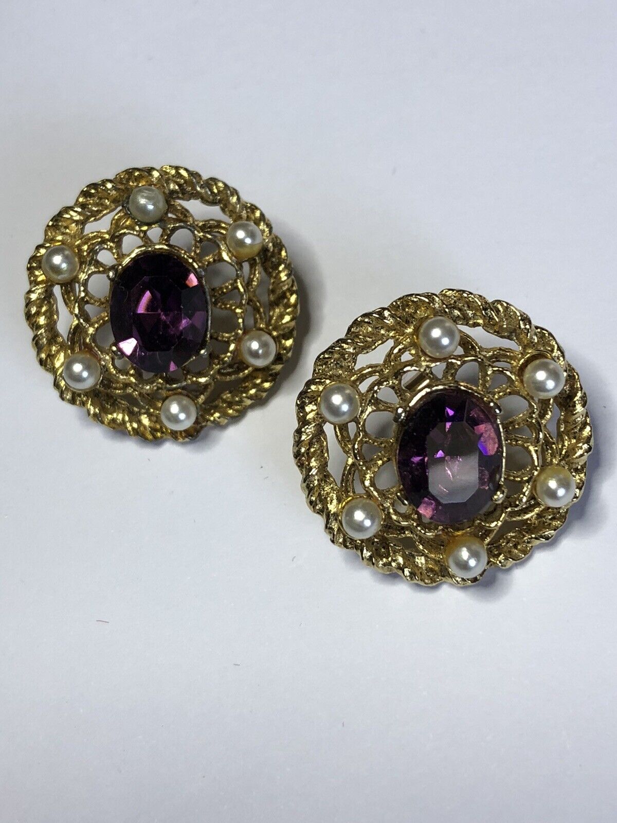 Vintage Anne Klein Purple Diamanté Faux Pearl Clip On Earrings