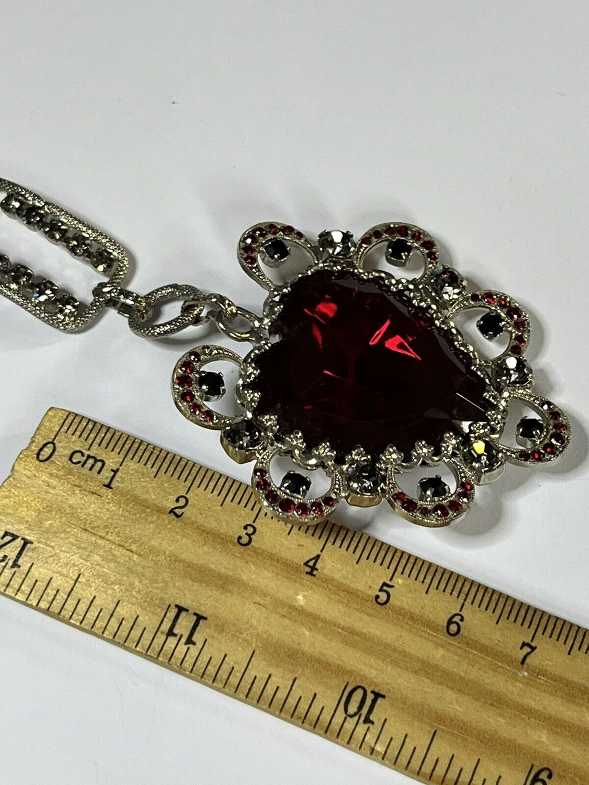 Vintage Statement Runway Red Clear Diamanté Heart On Chain Necklace