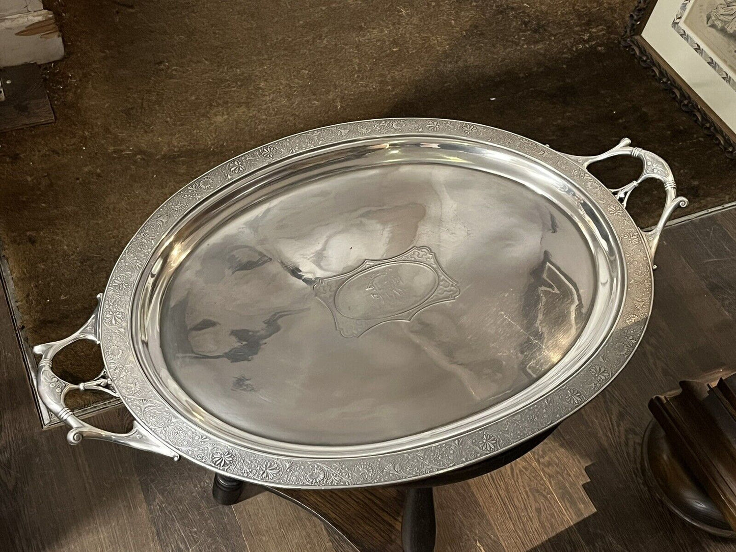 Huge English Art Noveau Butlers Silver Plate Tray With Fine Engraved Detail.