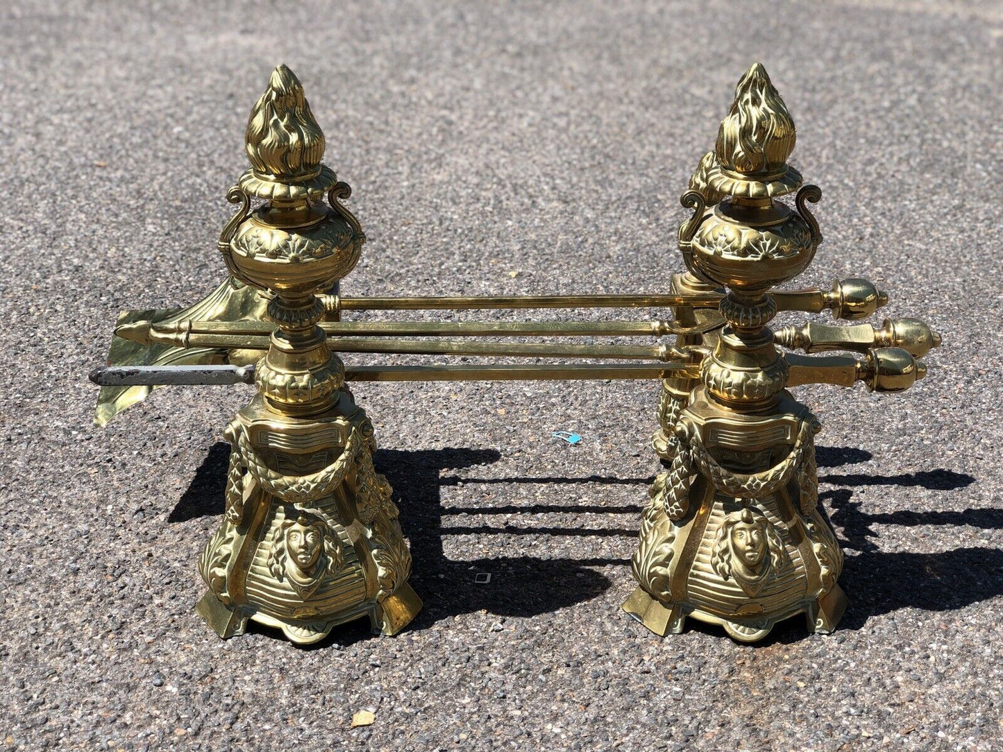 Victorian Brass Fire Tools & Fire dogs. Large And Exceptional Quality.