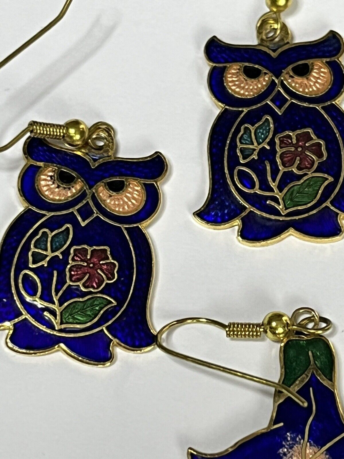 Vintage Enamel Owl And Flowers Drop Earrings Set Of Two