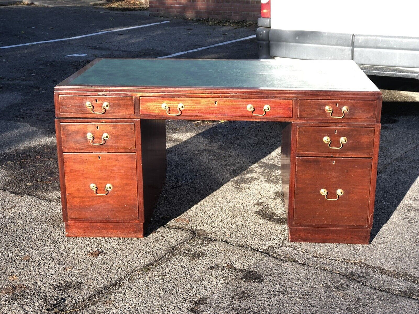 Mahogany Pedestal Desk, Brass Handles, New Green Top. LARGE IN SIZE