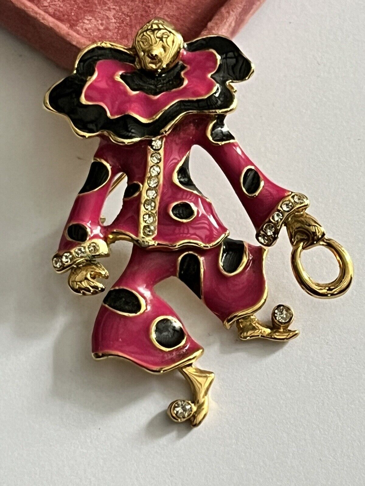 Vintage Gold Tone Pink Enamel Diamante Articulated Clown