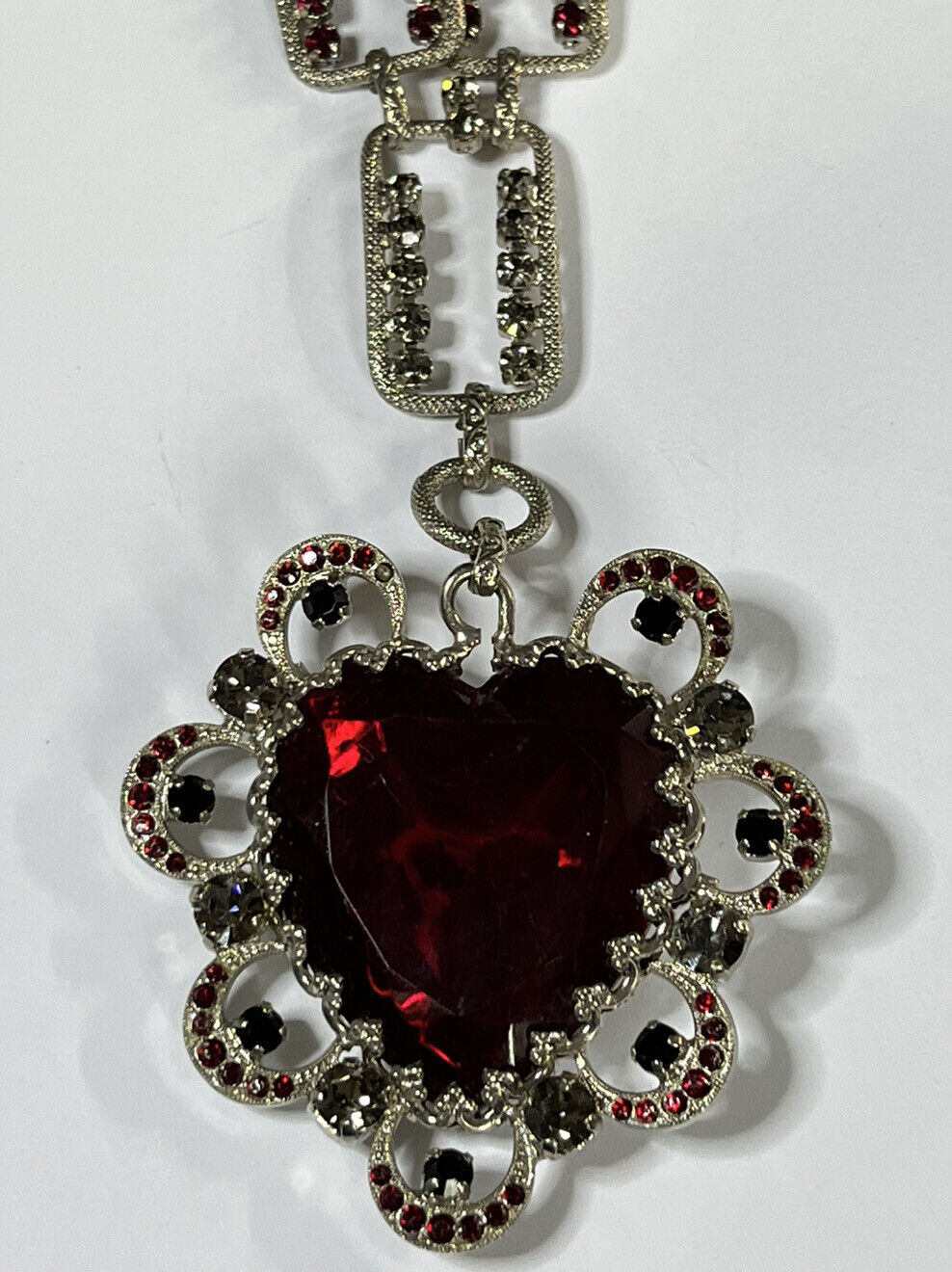 Vintage Statement Runway Red Clear Diamanté Heart On Chain Necklace