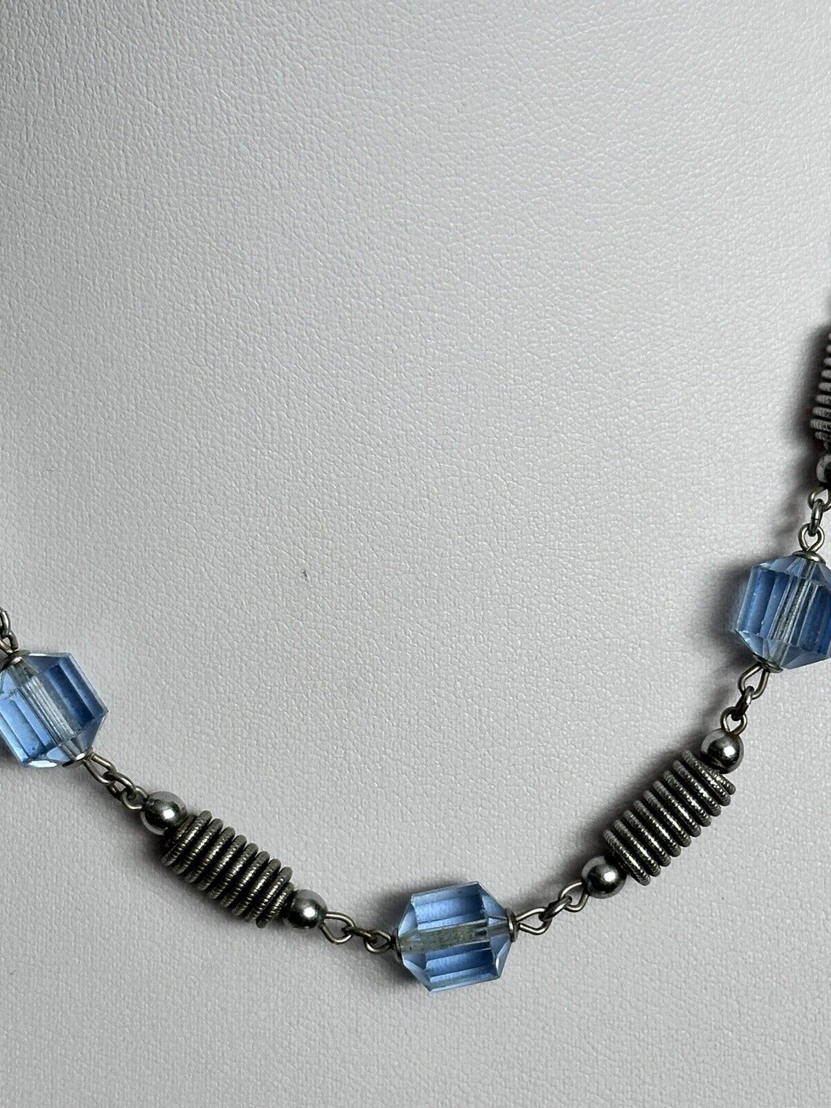 Vintage Deco Etched Silver Tone Blue Glass Bead Necklace