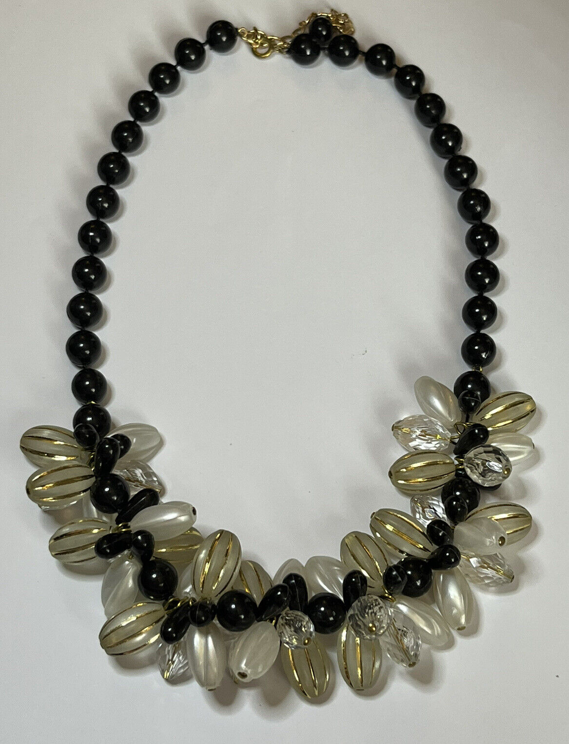 Vintage 1980s Clear Black Gold Beaded Necklace