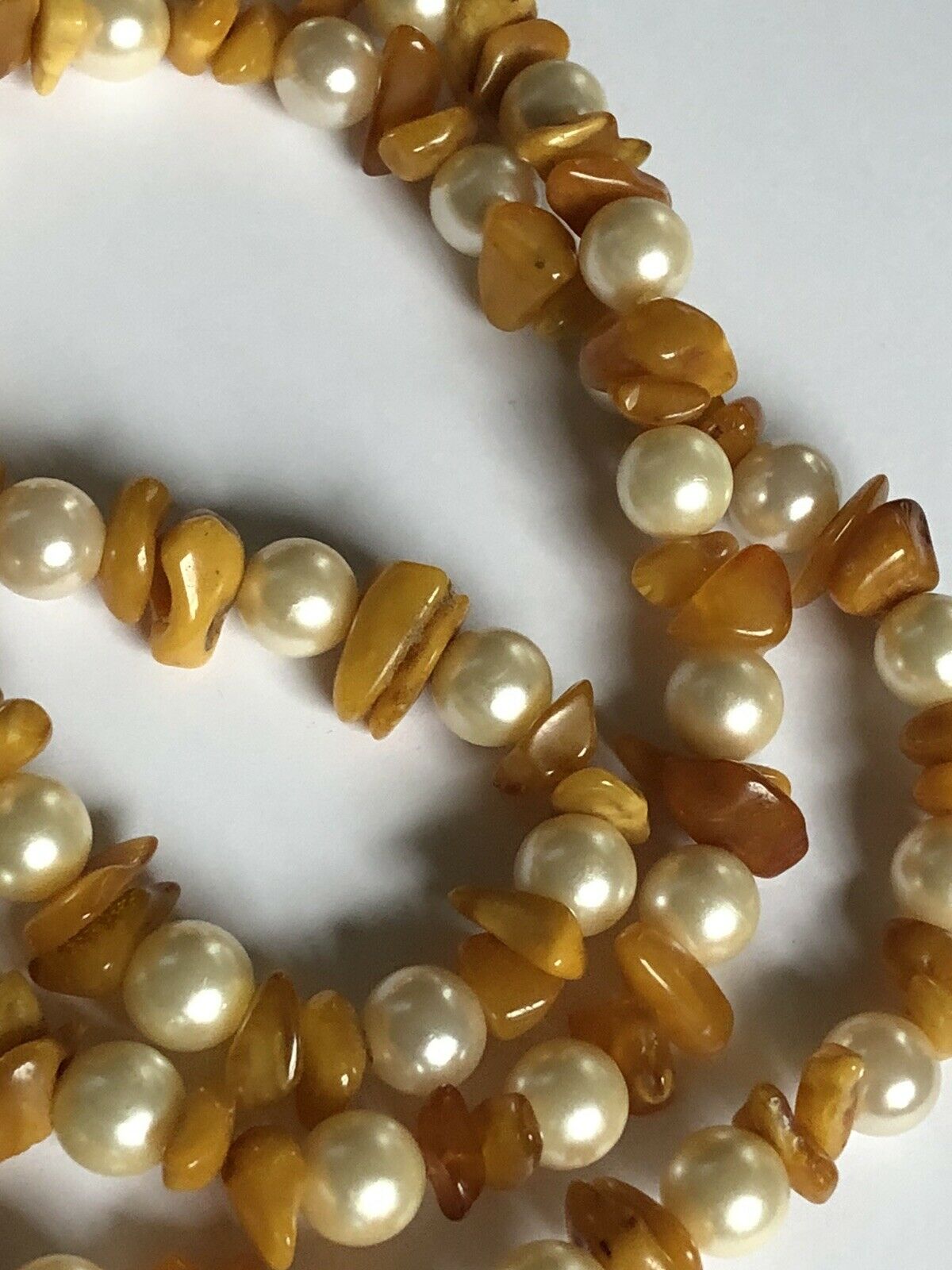 Vintage Faux Pearl Butterscotch Amber Long Length Necklace