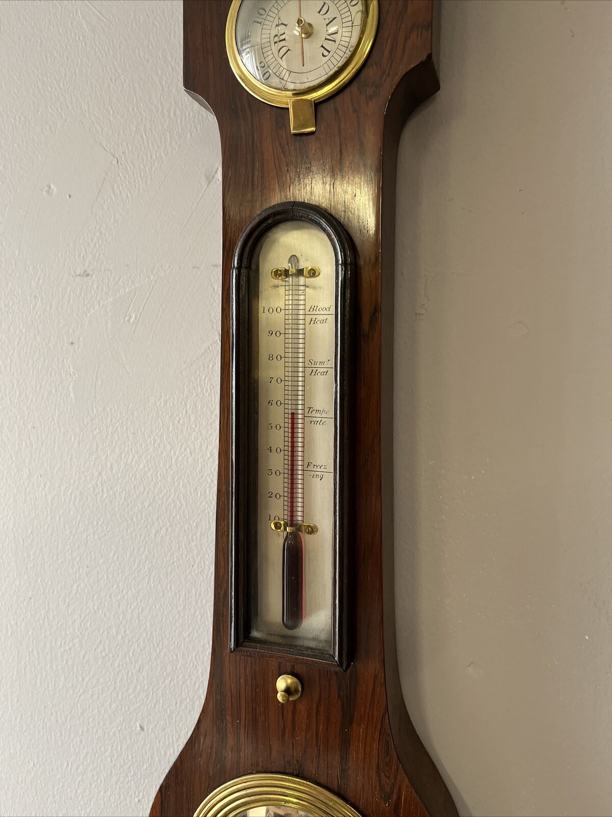 Victorian Barometer In Rosewood Case, Convex Glass, Silvered Dials.