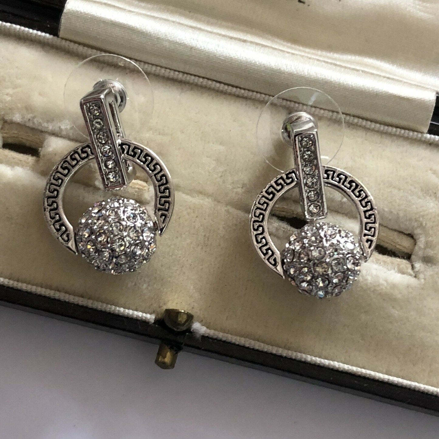 Vintage 1980s Rhodium Plated Cubic Zirconia Drop Balls Earrings