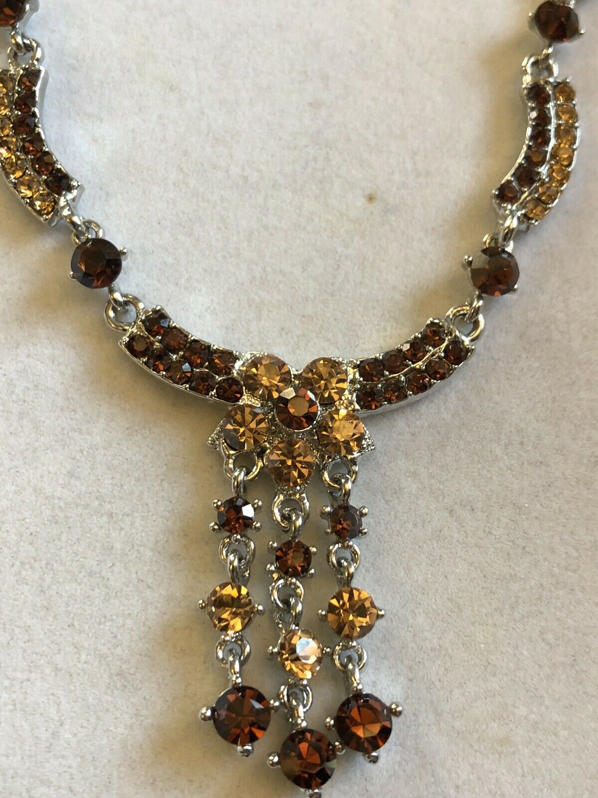 Vintage Silver Tone Burnt Orange Diamanté Necklace And Earring Set