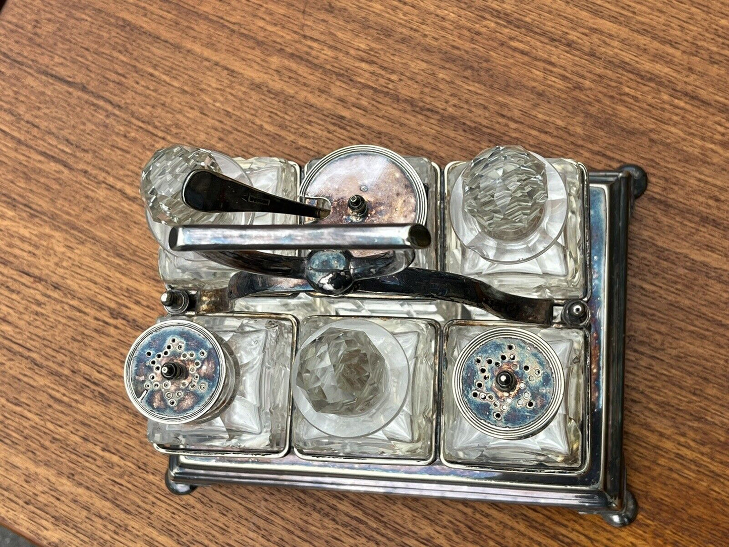 Victorian Silver Plate Cruet Set. Cut Glass Bottles