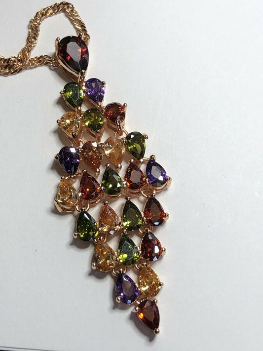 Vintage Signed 1980s Rose Gold Plated Multi Coloured Crystal Necklace