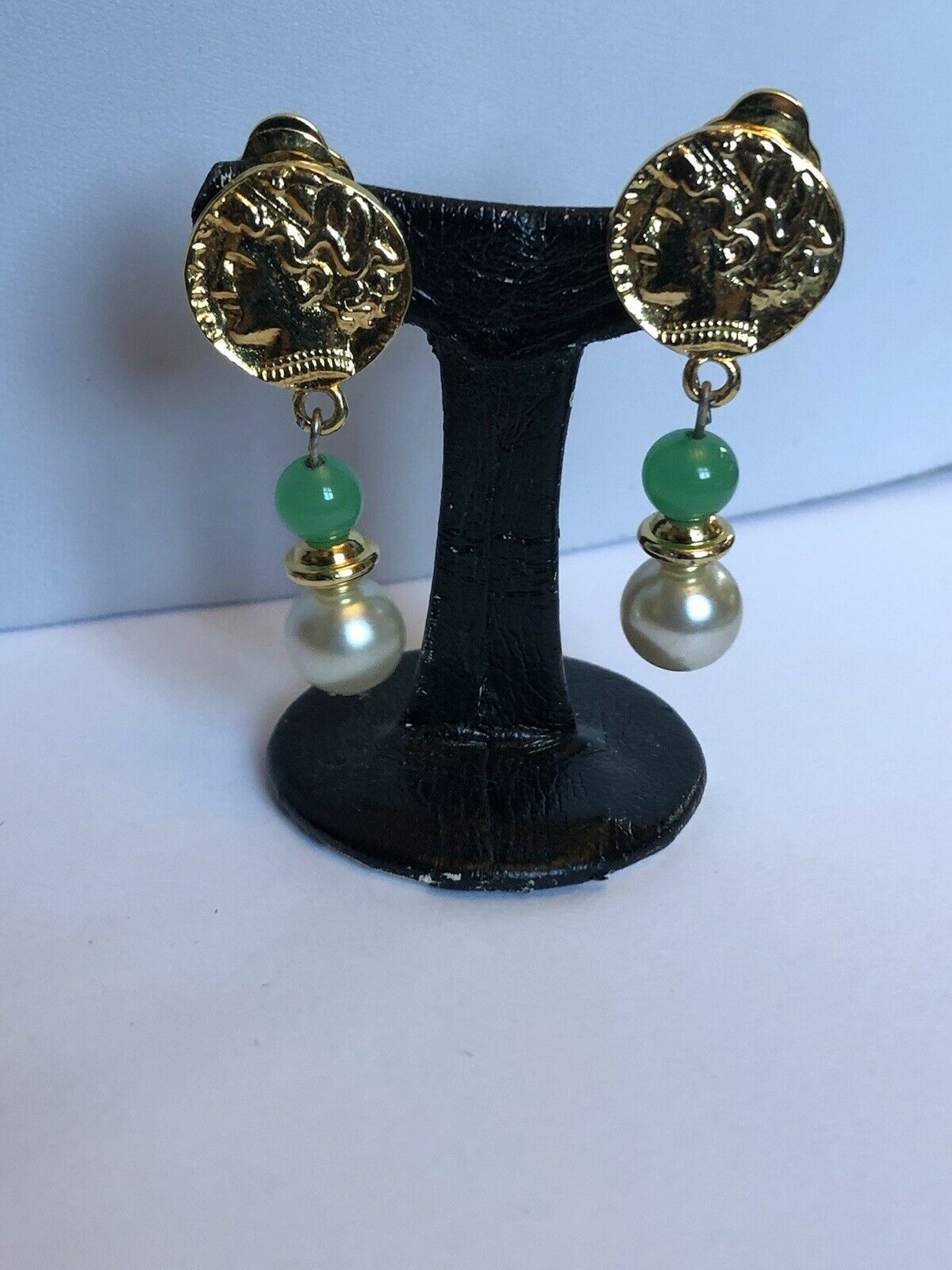 Vintage Gold Tone Green Stone Faux Pearl Etruscan Drop Earrings