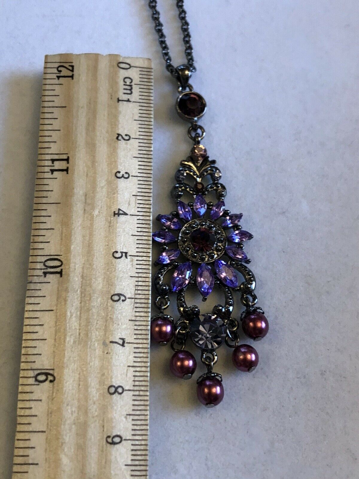 Vintage Purple Diamanté Faux Pearl Drop Necklace