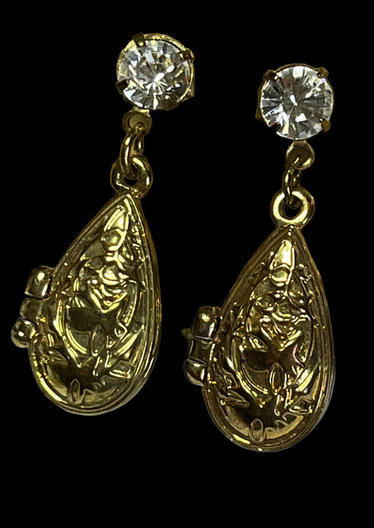 Vintage Gold Tone Locket Drop Earrings