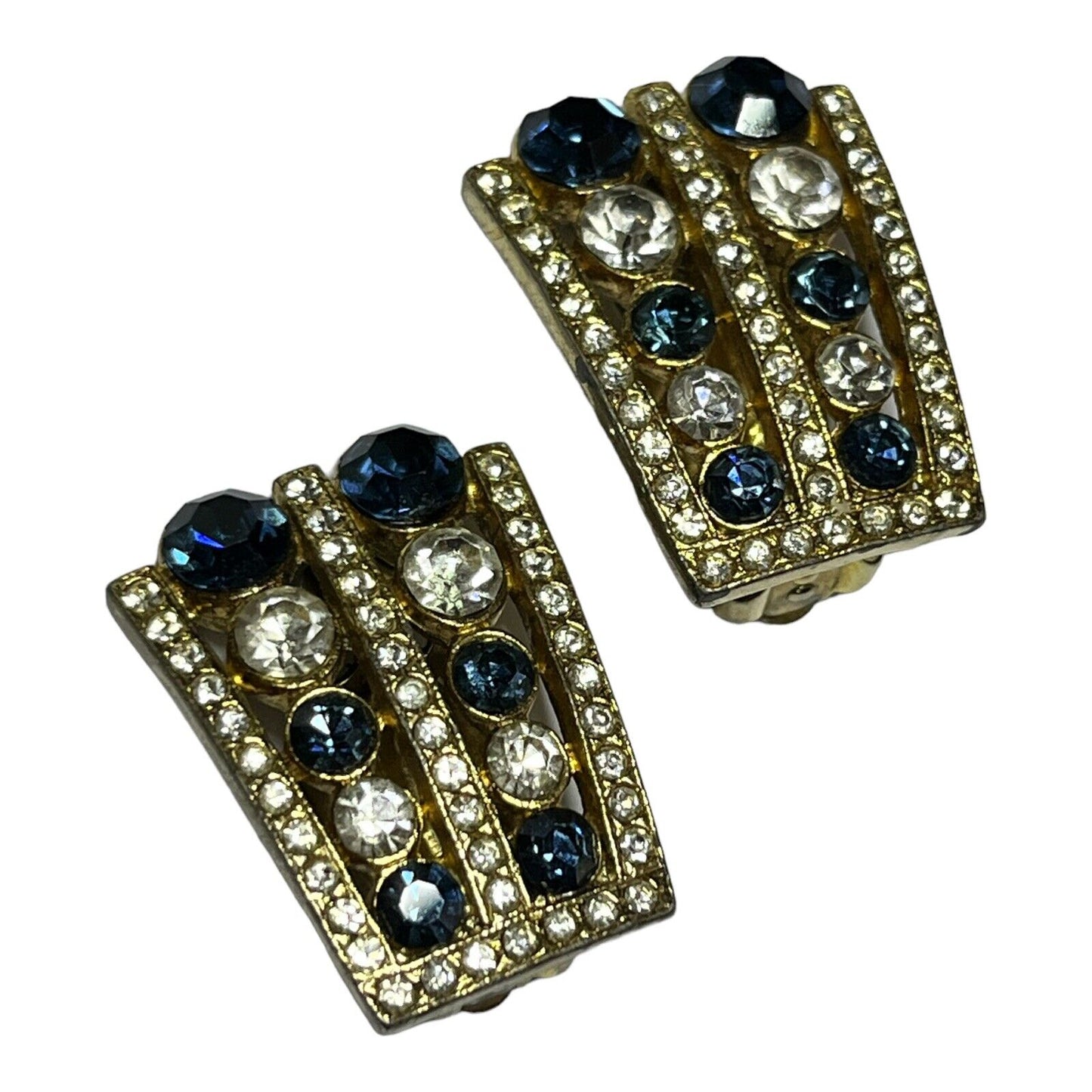 Vintage Silver Tone Blue Clear Paste Clip On Earrings