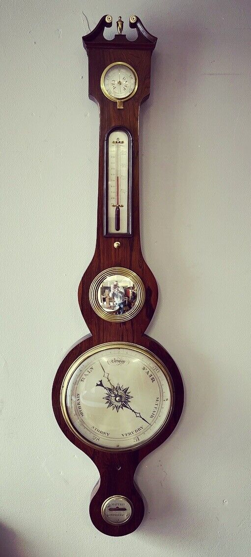 Victorian Barometer In Rosewood Case, Convex Glass, Silvered Dials.