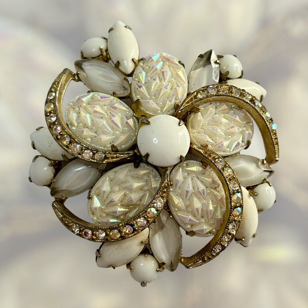 Vintage Statement White Aurora Borealis Milk Stone Swirl Brooch