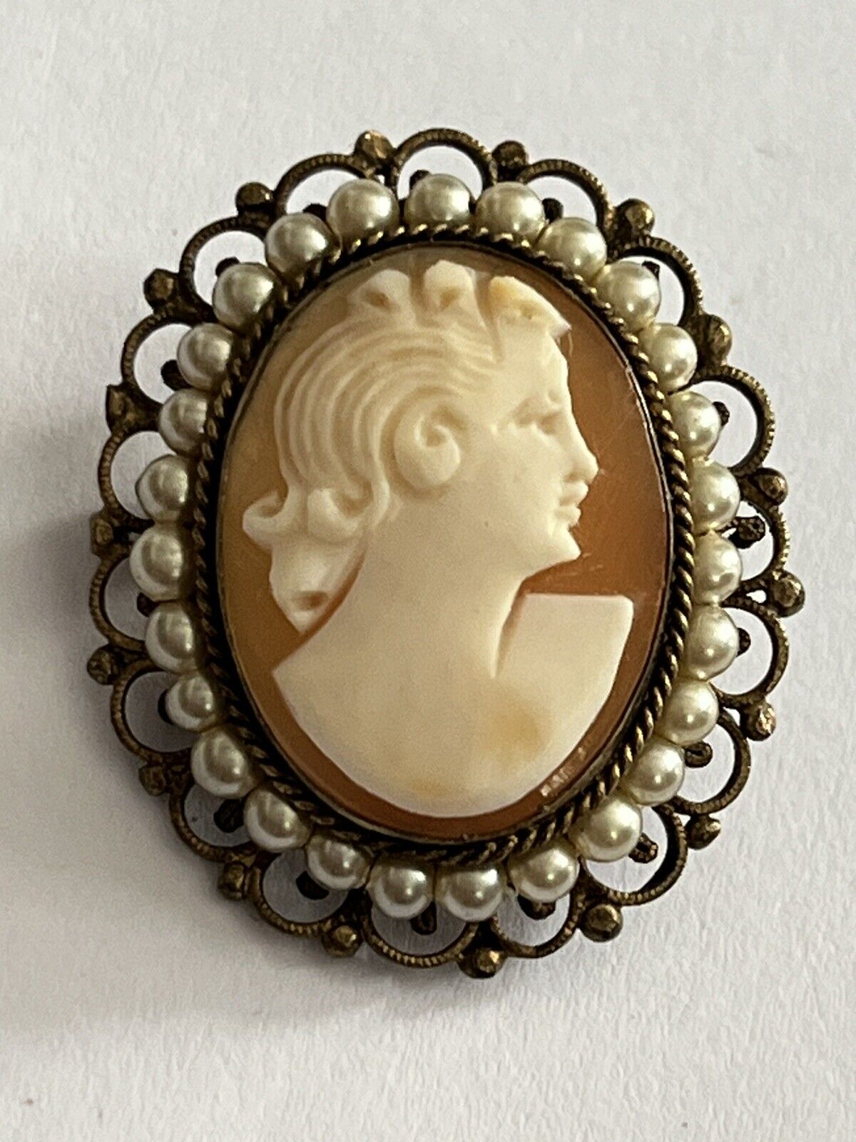 Vintage Cameo Faux Pearl Brooch