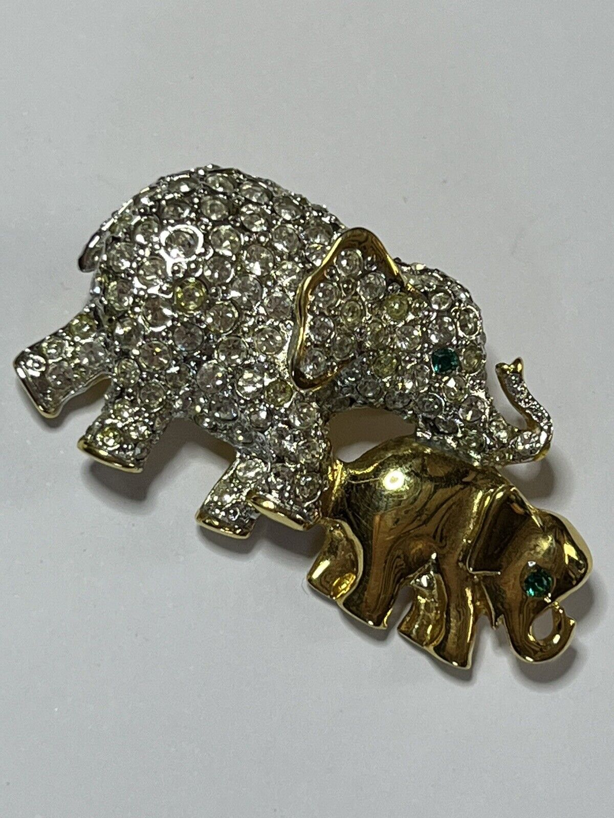 Vintage Gold Tone Diamanté Elephant And Calf Brooch